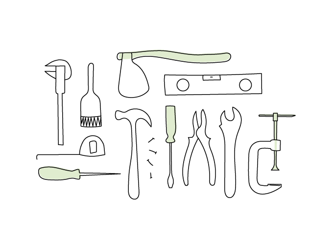 Strichzeichnung von vielen verschiedenen Werkzeugen, darunter Zange, Schraubenzieher, Hammer usw.