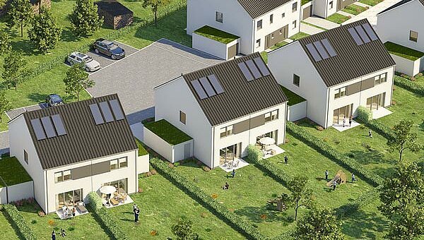 Luftaufnahme auf Häuser des Quartiers Katernberger Bach (Simulation)