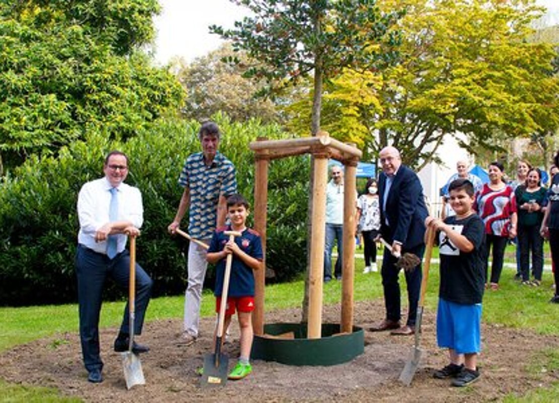 Menschen mit Schaufeln vor dem eben eingepflanzten "Baum des Jahres 2021", einer Stechpalme, in einem Innenhof der SüdostHöfe