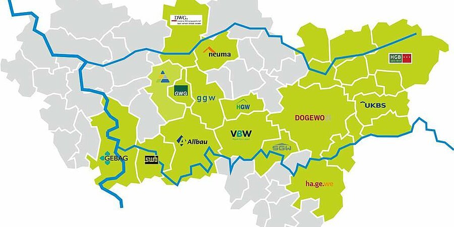 Karte des Ruhrgebiets, alles Städte sind grün, die im Verband WIR Mitglied sind