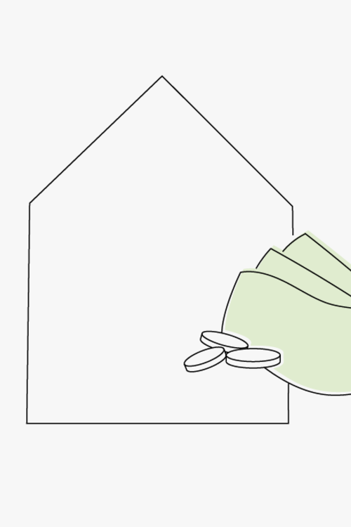 Illustration mit Haus und Geldscheinen und Münzen