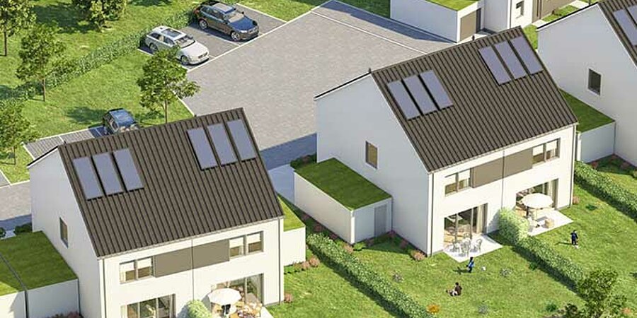 Visualisierung der geplanten neuen Einfamilienhäuser des Allbau-Projekts "Katernberger Bach" als Aufsicht