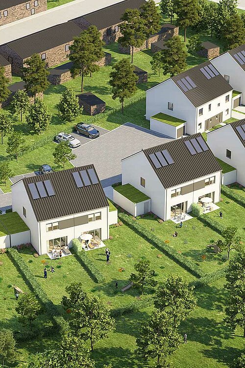 Visualisierung der geplanten neuen Einfamilienhäuser des Allbau-Projekts "Katernberger Bach" als Aufsicht