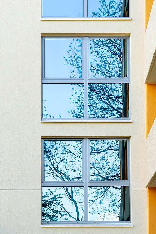 Gelbes Allbau-Wohnhaus in Leithe, Detailansicht der Fenster